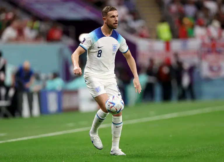 Jordan Henderson of England controls the ball.