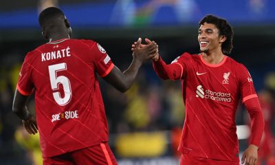 Trent Alexander-Arnold of Liverpool with Ibrahima Konate. (Photo by PAUL ELLIS/AFP via Getty Images)