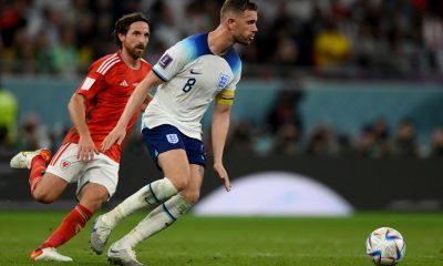 England's Jordan Henderson gets ready to shoot the ball against Wales.
