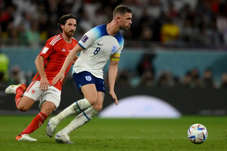 England's Jordan Henderson gets ready to shoot the ball against Wales.