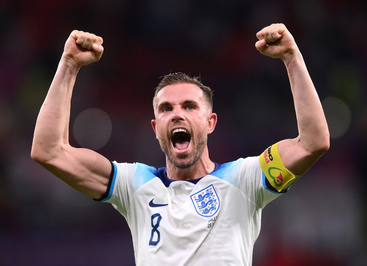 Jordan Henderson celebrates England's win over Wales in the 2022 FIFA World Cup.