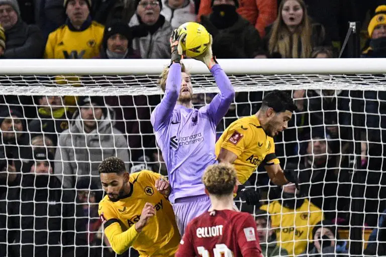 Liverpool's Caoimhin Kelleher catches the ball during the FA Cup third round game agains Wolves.