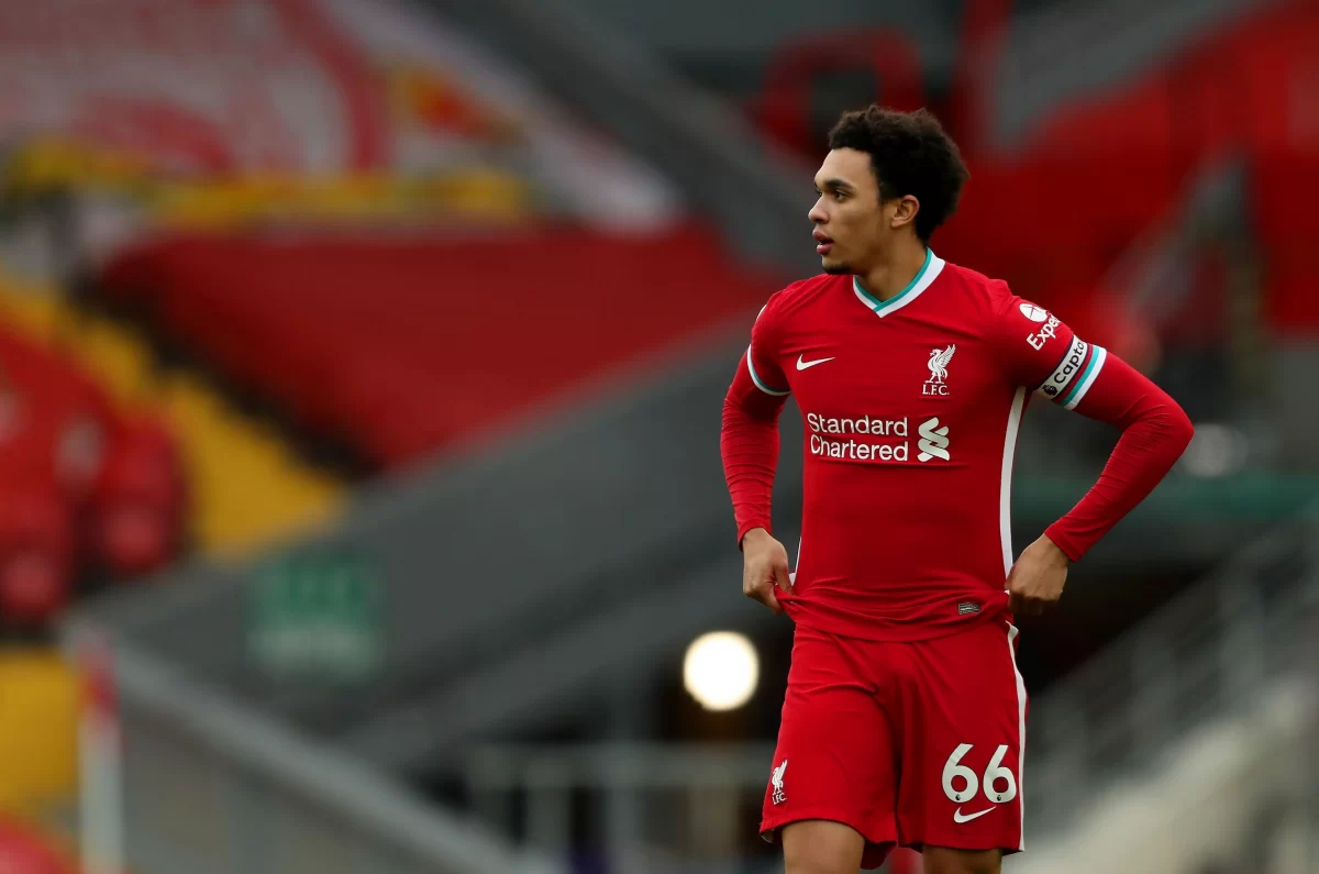 Liverpool star Trent Alexander-Arnold wearing the captain's armband.