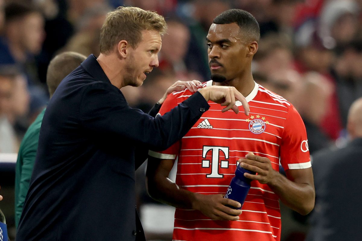 MUNICH, GERMANY - OCTOBER 04:Julian Nagelsmann, head coach  of FC Bayern München talks to his player Ryan Gravenberch during the UEFA Champions League group C match between FC Bayern München and Viktoria Plzen at Allianz Arena on October 04, 2022 in Munich, Germany