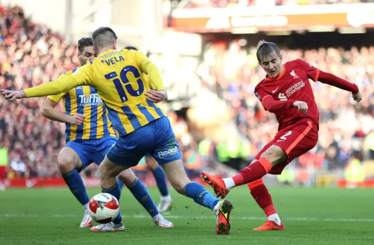 Max Woltman of Liverpool shoots during a game against Shrewsbury Town. (Photo by Clive Brunskill/Getty Images)