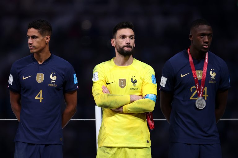 Raphael Varane, Hugo Lloris and Ibrahima Konate of France.