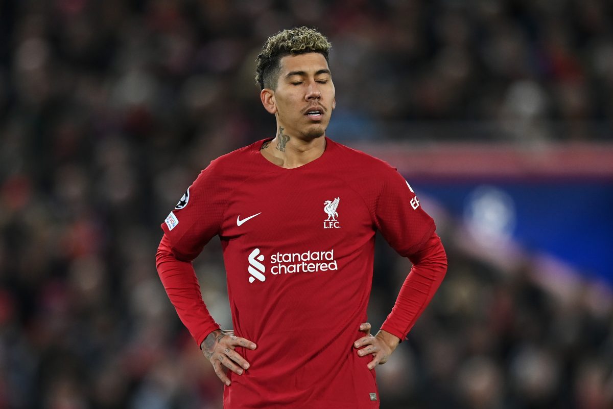 Roberto Firmino of Liverpool looks dejected during the 5-2 loss against Real Madrid.
