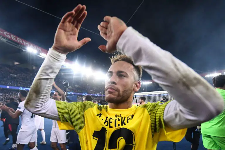 Neymar celebrates at the end of a UEFA Champions League Group C match between Paris Saint-Germain (PSG) and Liverpool.