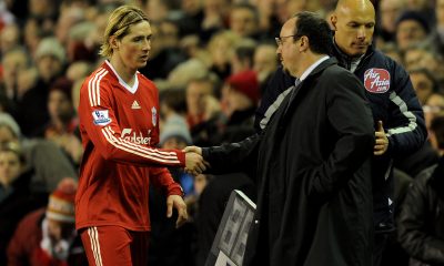 Liverpool Manager Rafael Benitez congratulates Fernando Torres.