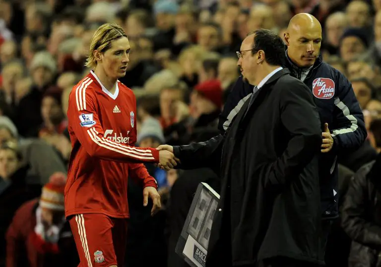 Liverpool Manager Rafael Benitez congratulates Fernando Torres.