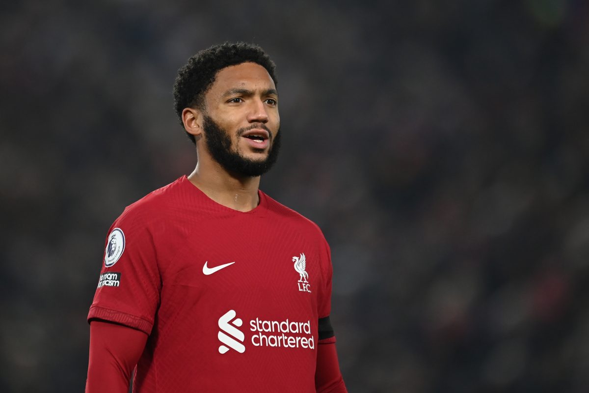 LIVERPOOL, ENGLAND - FEBRUARY 13: Joe Gomez of Liverpool looks on during the Premier League match between Liverpool FC and Everton FC at Anfield on February 13, 2023 in Liverpool, England.