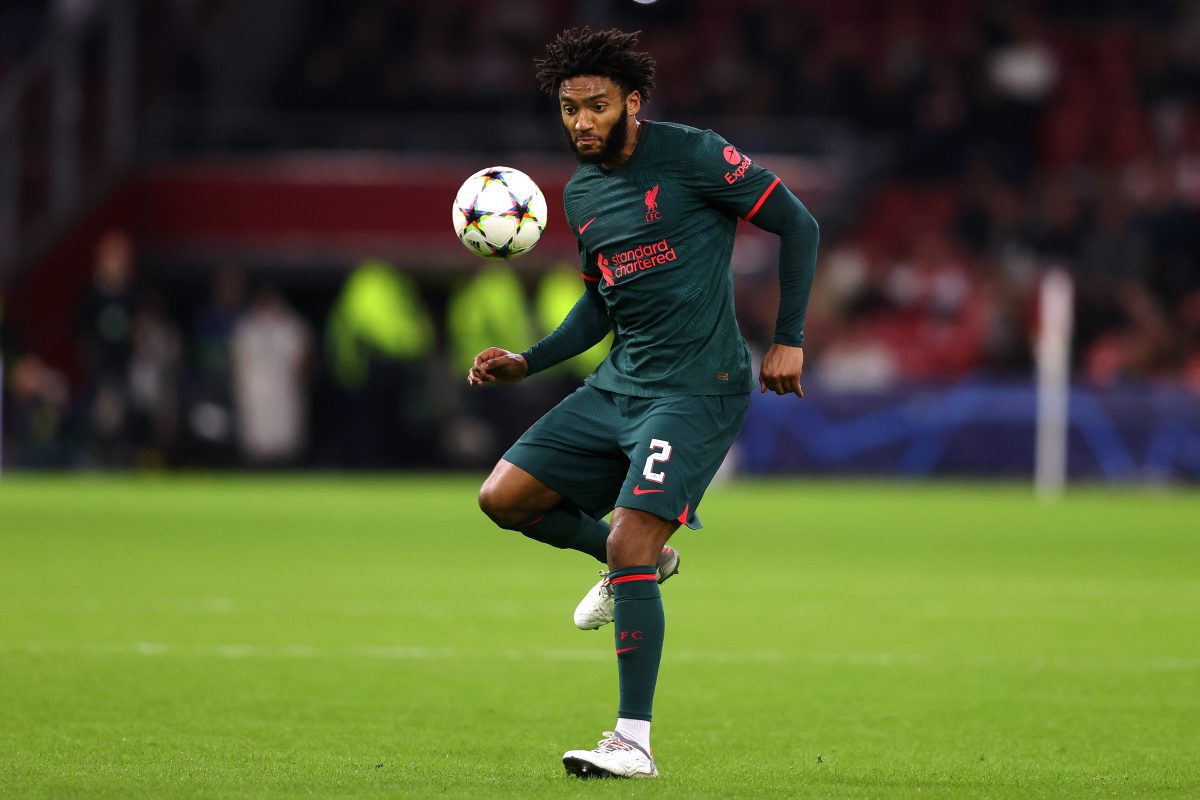 AMSTERDAM, NETHERLANDS - OCTOBER 26: Joe Gomez of Liverpool in action during the UEFA Champions League group A match between AFC Ajax and Liverpool FC at Johan Cruyff Arena on October 26, 2022 in Amsterdam, Netherlands.