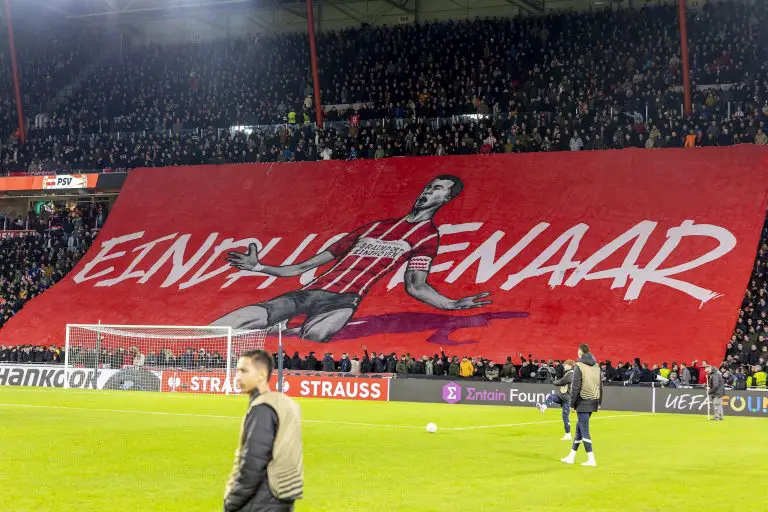 PSV Fans unfurl a banner of Liverpool forward, Cody Gakpo.