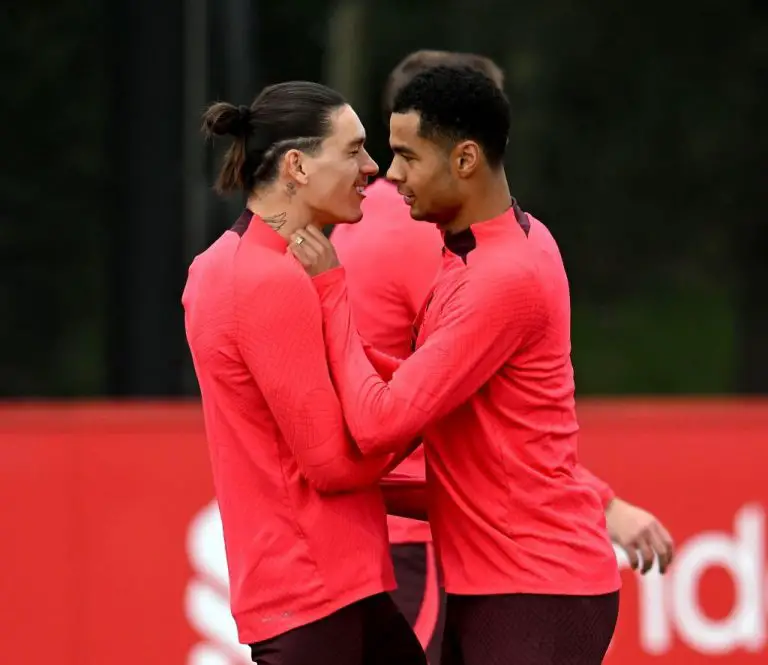 Cody Gakpo and Darwin Nunez of Liverpool during a training session at AXA Training Centre.