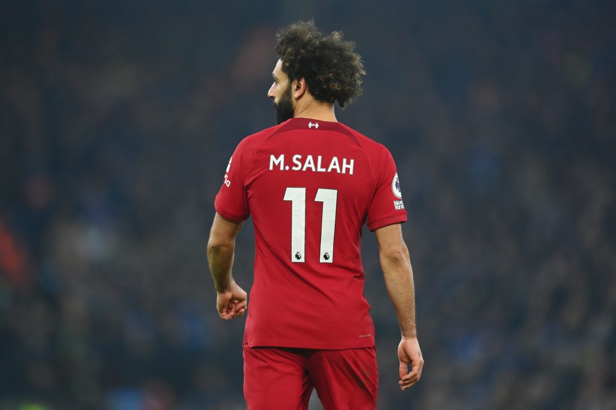 Mohamed Salah of Liverpool looks on during the Premier League match between Liverpool FC and Everton FC at Anfield on February 13, 2023 in Liverpool, England.