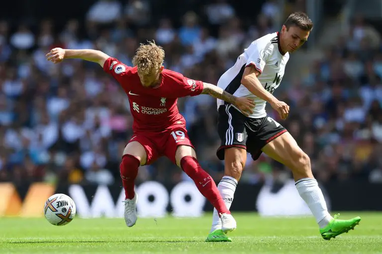 Harvey Elliott of Liverpool is challenged by Joao Palhinha of Fulham.