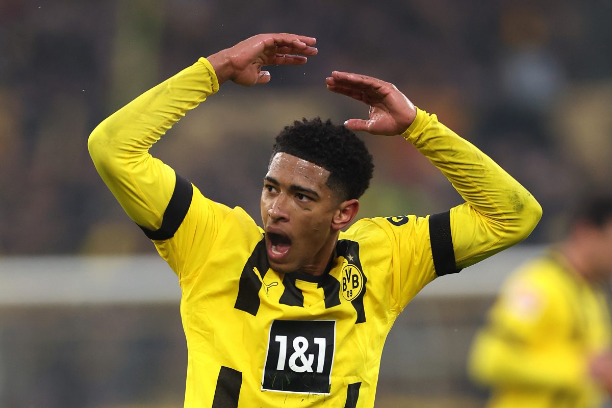 DORTMUND, GERMANY - JANUARY 22: Jude Bellingham of Borussia Dortmund celebrates after Nico Schlotterbeck ( not pictured ) scores the team's second goal during the Bundesliga match between Borussia Dortmund and FC Augsburg at Signal Iduna Park on January 22, 2023 in Dortmund, Germany.