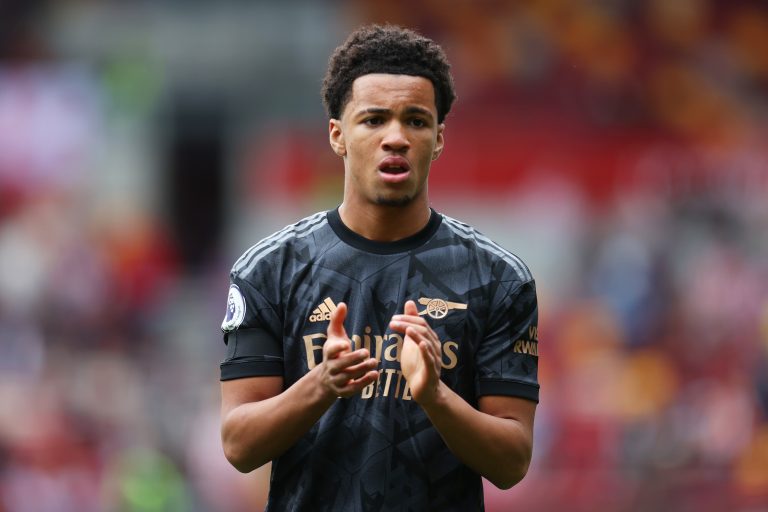 Ethan Nwaneri of Arsenal applauds the fans.