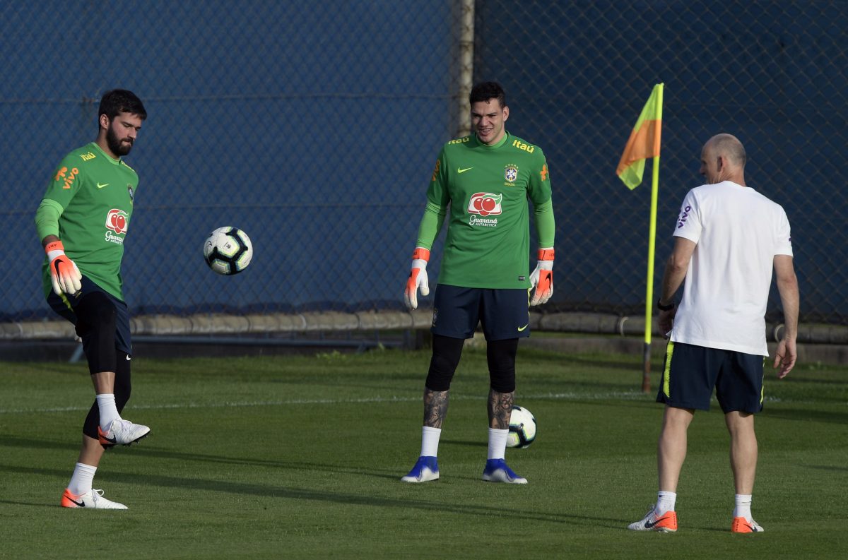 Ederson and Alisson in a training session for the Brazil squad. (Photo by JUAN MABROMATA / AFP)        (Photo credit should read JUAN MABROMATA/AFP via Getty Images)