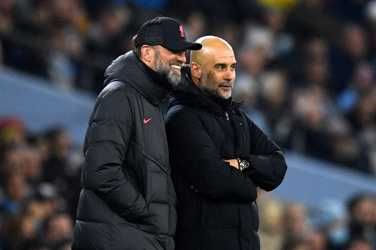 Liverpool manager Jurgen Klopp embraces his Manchester City counterpart Pep Guardiola at a match at The Etihad.