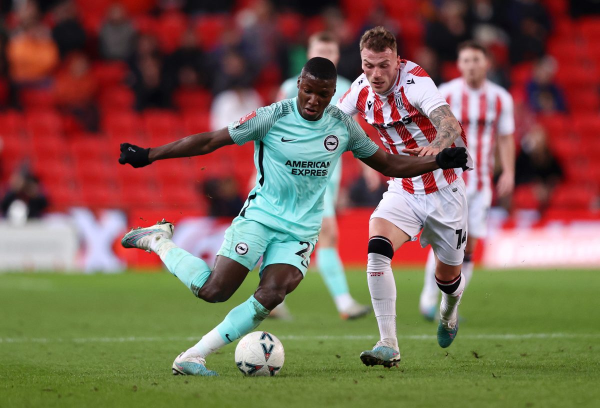 Moises Caicedo of Brighton & Hove Albion is challenged by Josh Tymon of Stoke City during the Emirates FA Cup Fifth Round match between Stoke City and Brighton and Hove Albion at Bet365 Stadium on February 28, 2023 in Stoke on Trent, England