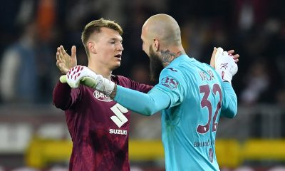 Perr Schuurs and Vanja Milinkovic-Savic of Torino FC celebrate victory.