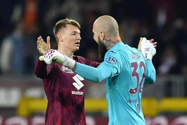 Perr Schuurs and Vanja Milinkovic-Savic of Torino FC celebrate victory.