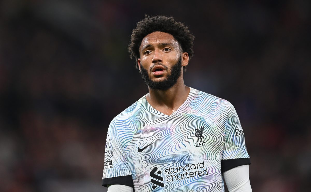 Joe Gomez of Liverpool sporting our white away kit against Manchester United in the 2022-23 season. 
