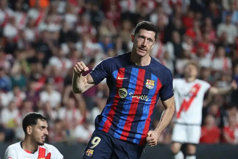 Barcelona's Polish forward Robert Lewandowski celebrates after scoring.