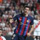 Barcelona's Polish forward Robert Lewandowski celebrates after scoring.