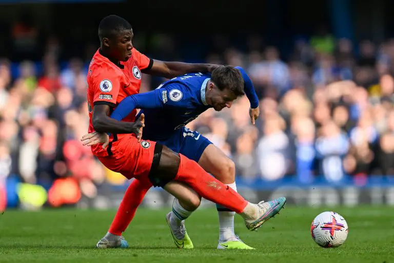 Mason Mount of Chelsea is challenged by Moises Caicedo of Brighton.