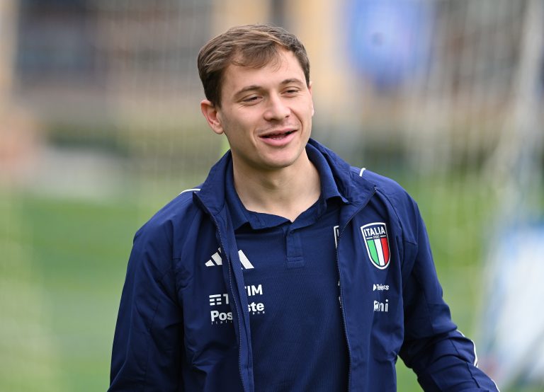 Nicolo Barella of Italy arrives on the pitch during an Italy training session at Centro Tecnico Federale di Coverciano.