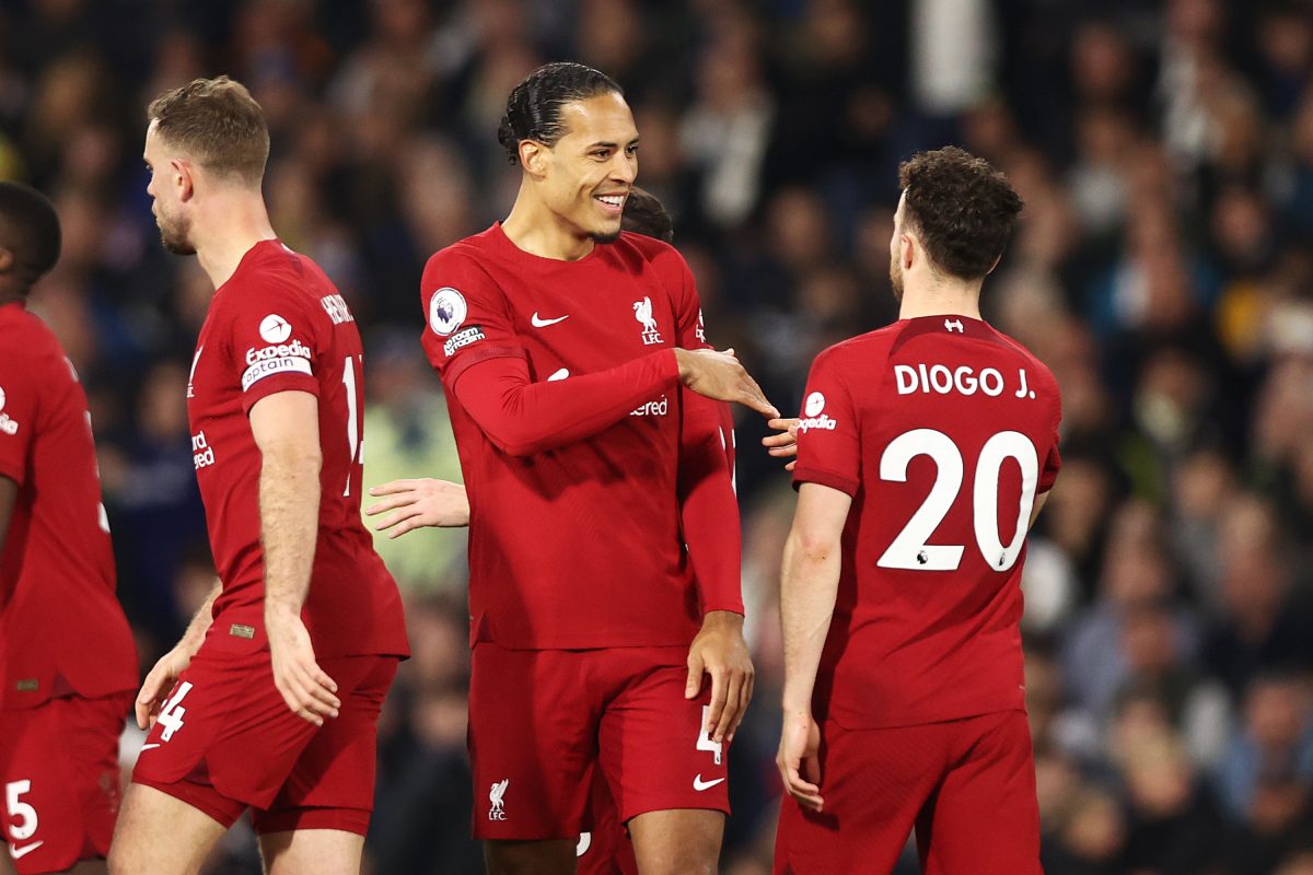 Diogo Jota of Liverpool celebrates with teammate Virgil van Dijk after scoring against Nottingham Forest- April 2023. 