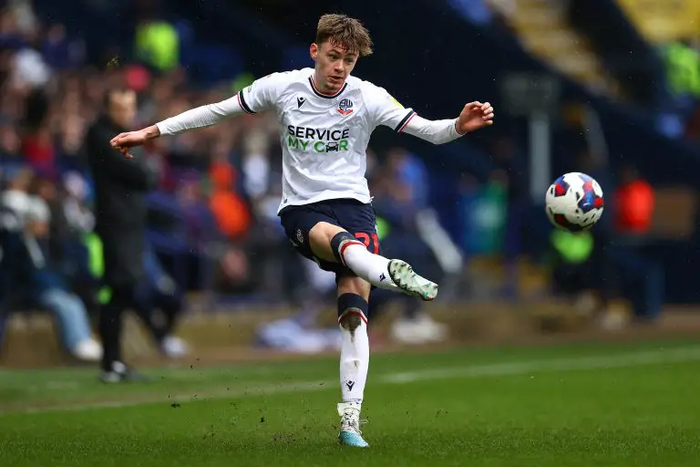 Conor Bradley of Bolton Wanderers during a game against Ipswich Town.