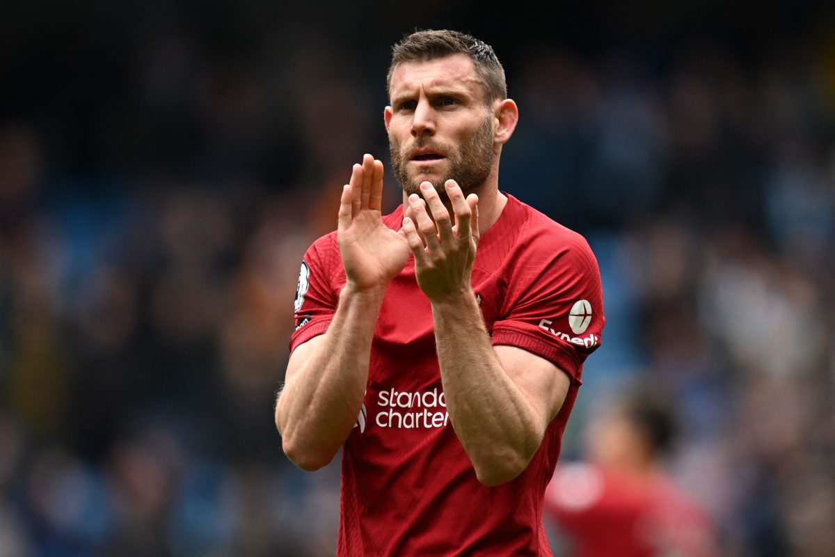 Liverpool's English midfielder James Milner applauds fans on the pitch after the English Premier League football match between Manchester City and Liverpool at the Etihad Stadium in Manchester, north west England, on April 1, 2023. - Manchester City won the game 4-1. 