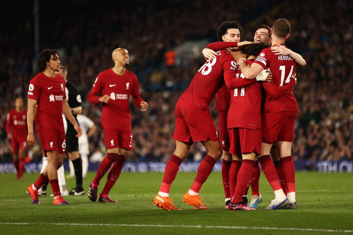 LEEDS, ENGLAND - APRIL 17: Mohamed Salah of Liverpool (obscured) celebrates with teammates after scoring the team's fourth goal during the Premier League match between Leeds United and Liverpool FC at Elland Road on April 17, 2023 in Leeds, England