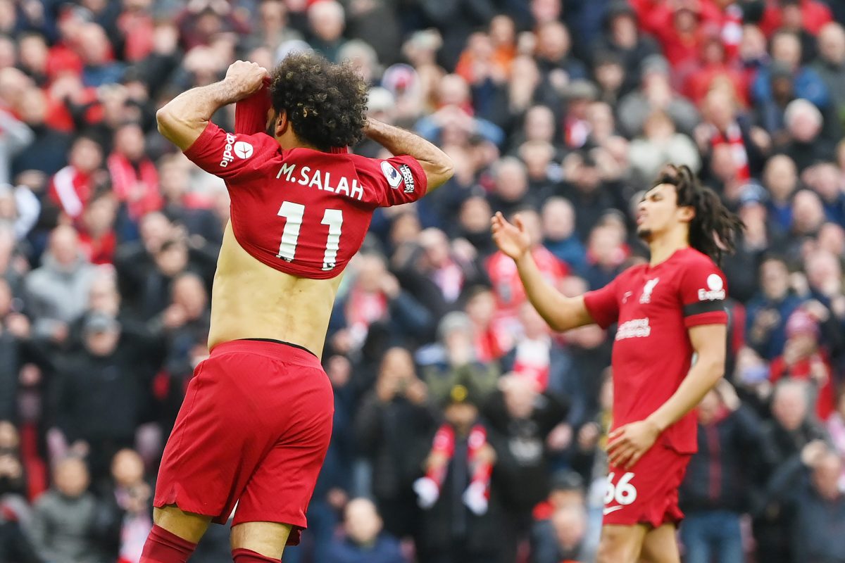 LIVERPOOL, ENGLAND - APRIL 09: Mohamed Salah of Liverpool reacts after missing a penalty kick during the Premier League match between Liverpool FC and Arsenal FC at Anfield on April 09, 2023 in Liverpool, England. 