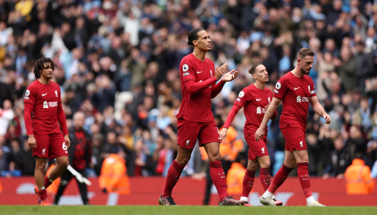 MANCHESTER, ENGLAND - APRIL 01: Virgil van Dijk of Liverpool applauds the fans after the team's defeat during the Premier League match between Manchester City and Liverpool FC at Etihad Stadium on April 01, 2023 in Manchester, England. 