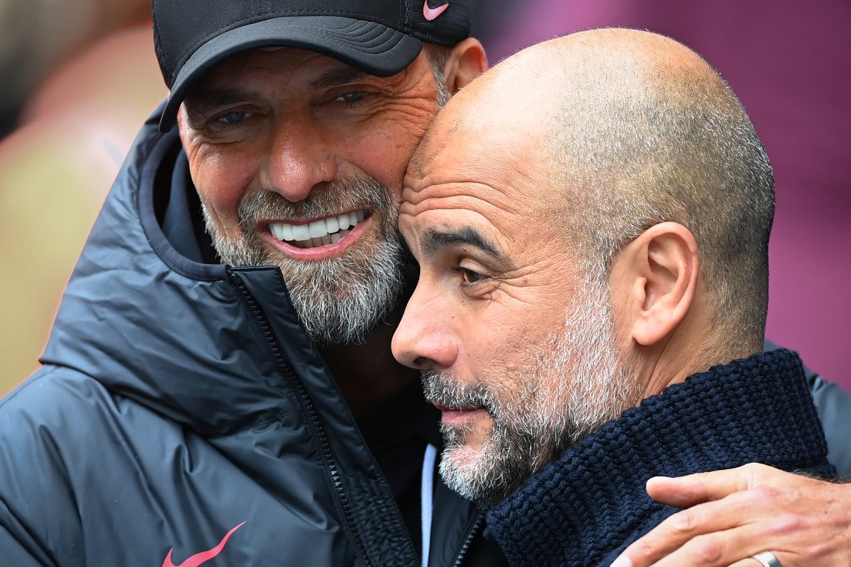 Liverpool manager Jurgen Klopp greets Manchester City manager Pep Guardiola. 