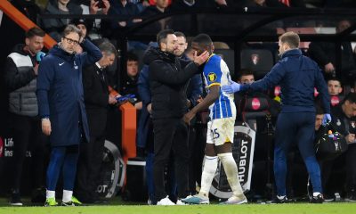 Moises Caicedo of Brighton is substituted after sustaining an injury and is embraced by Manager Roberto De Zerbi.