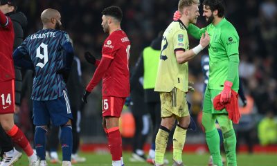 Aaron Ramsdale of Arsenal is congratulated by Alisson Becker of Liverpool. (Photo by Michael Regan/Getty Images)