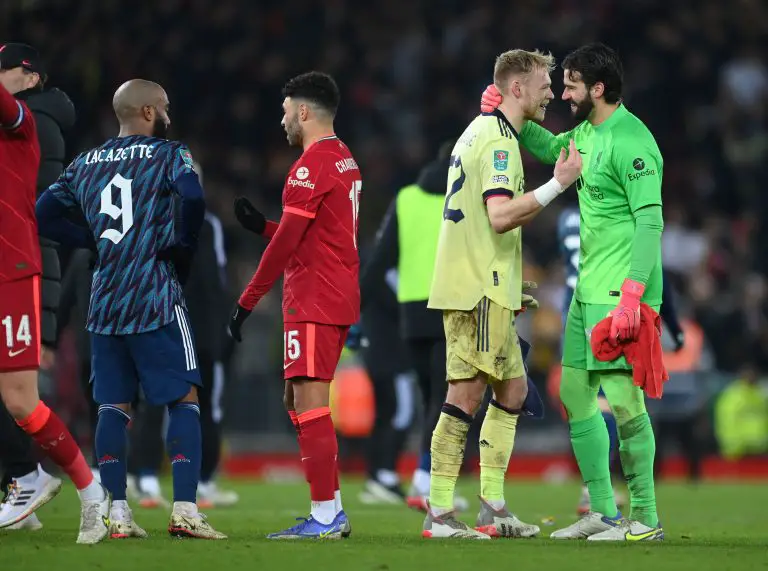 Aaron Ramsdale of Arsenal is congratulated by Alisson Becker of Liverpool. (Photo by Michael Regan/Getty Images)