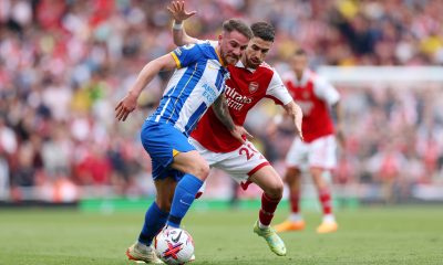 Alexis Mac Allister of Brighton and Hove Albion is challenged by Jorginho of Arsenal.