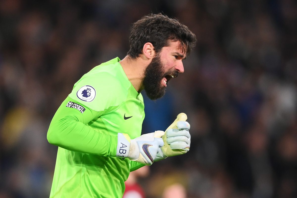 Alisson Becker of Liverpool reacts during the 6-1 league win against Leeds United. 