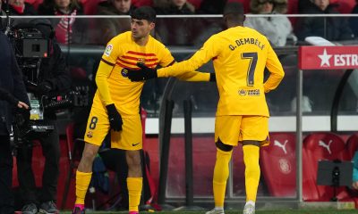 Pedri of FC Barcelona comes on as a substitute as Ousmane Dembele is replaced.