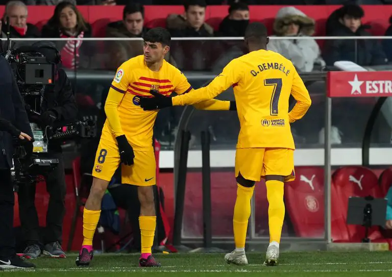 Pedri of FC Barcelona comes on as a substitute as Ousmane Dembele is replaced.