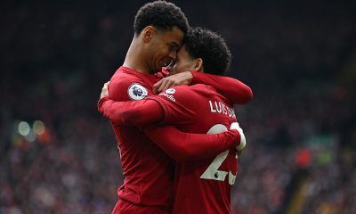 Liverpool's Dutch striker Cody Gakpo celebrates with Luis Diaz.