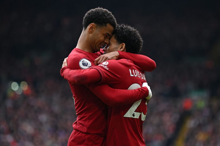 Liverpool's Dutch striker Cody Gakpo celebrates with Luis Diaz.