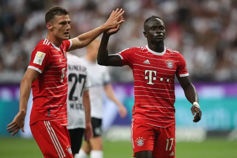 Sadio Mane of FC Bayern München celebrates with Benjamin Pavard.