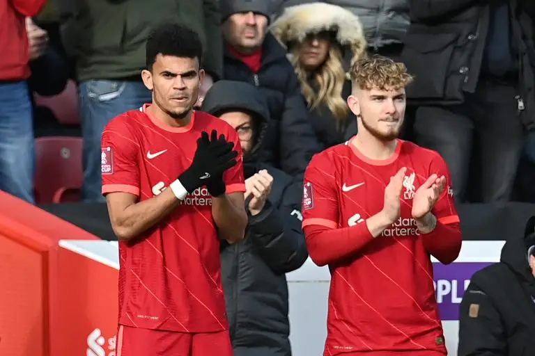 Liverpool's Colombian midfielder Luis Diaz and Harvey Elliott.